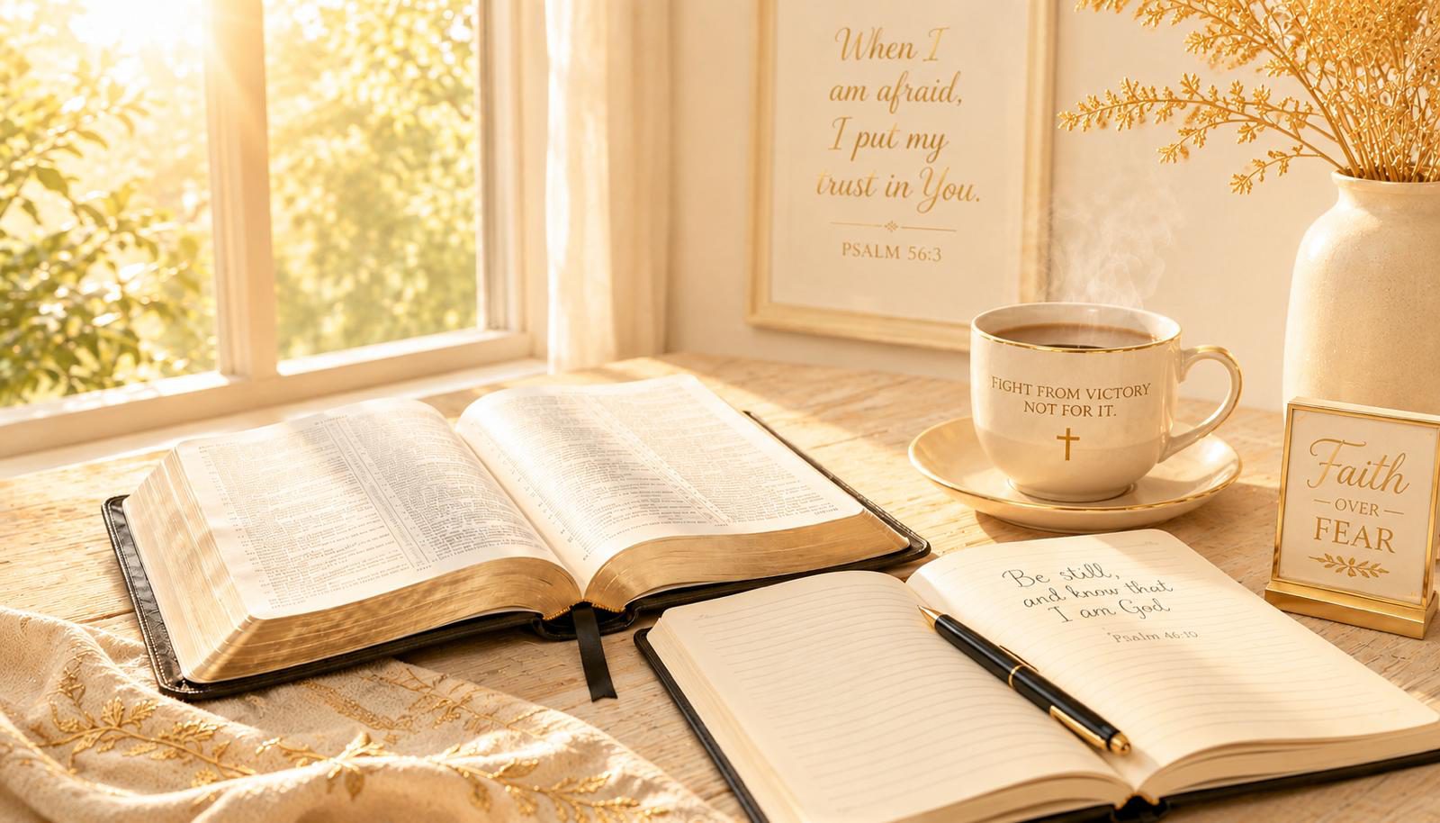 An open Bible, journal and coffee cup on a sunlit table